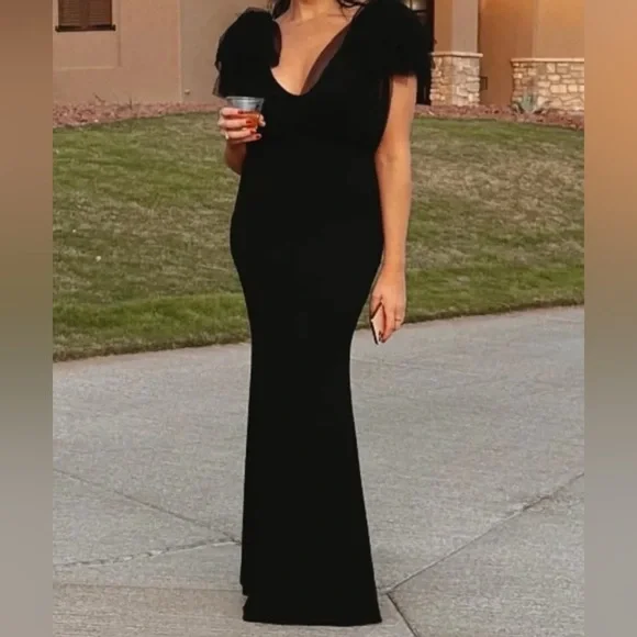 knee length dresses for ladies 1930's Black Lace Dramatic Flutter Sleeve Mermaid Gown